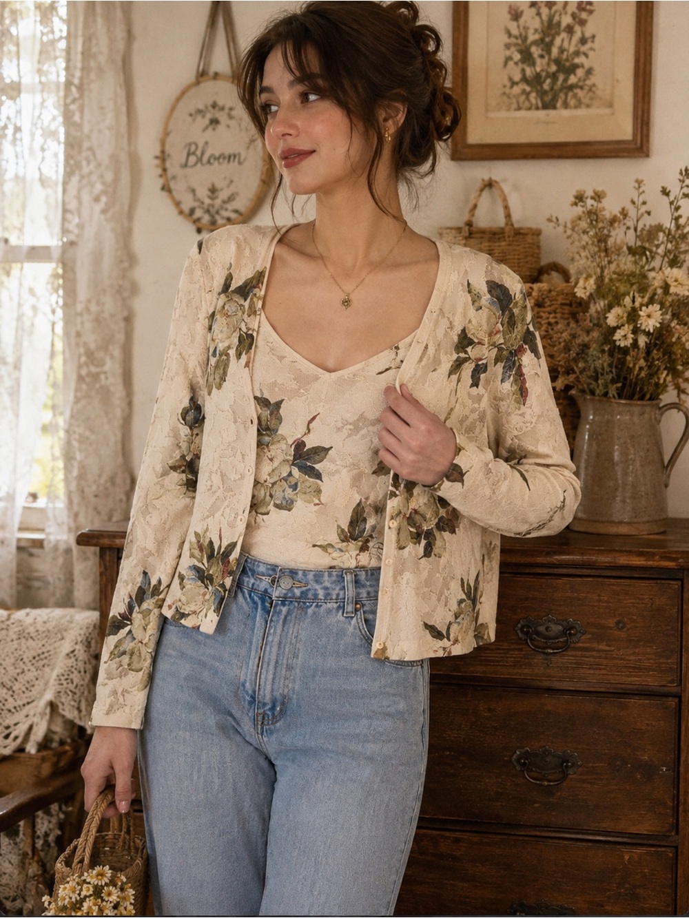 Linda Allard Ellen Tracy 100% Silk Tank Top & Cardigan Set Flower Ivory/Beige